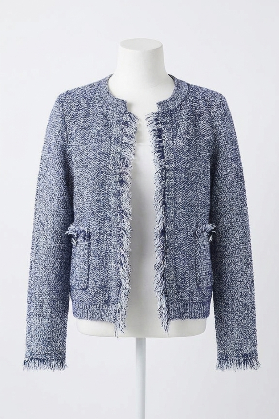 NEW LINE AND DOT fringe trim cardigan in denim